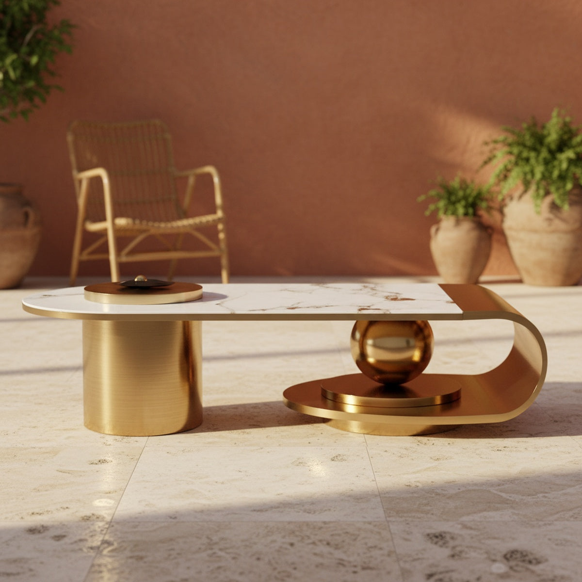 Golden C-Shape Marble Centre Table