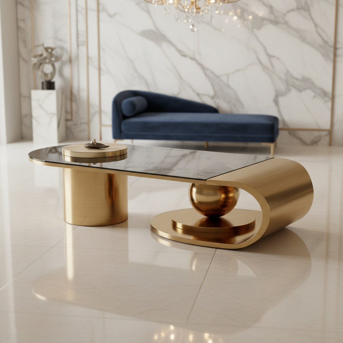 Golden C-Shape Marble Centre Table