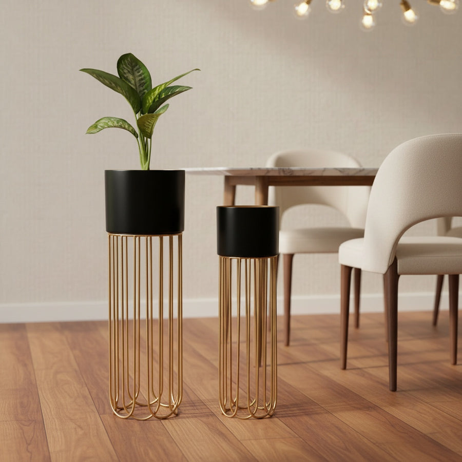 Luxury Black and Gold Metal Floor Planter Set of 2