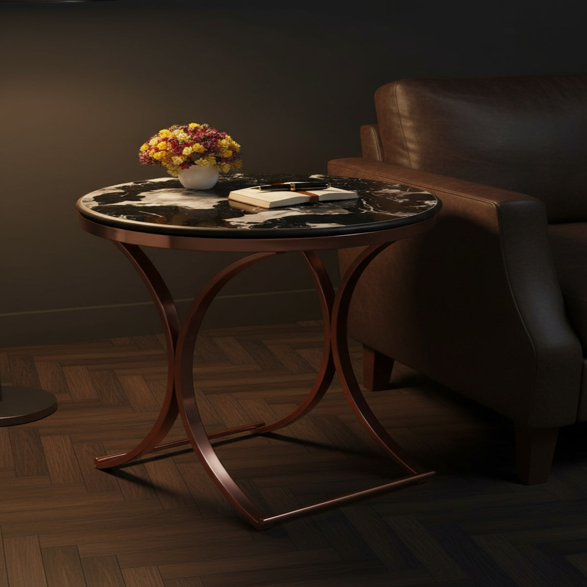 Round Rose Gold Marble End Table