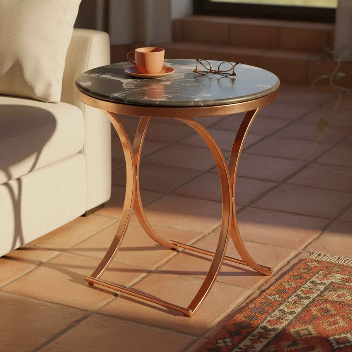 Round Rose Gold Marble End Table