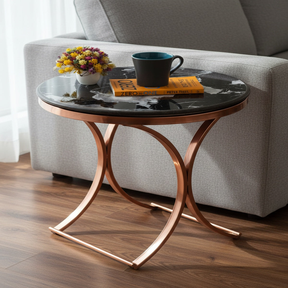 Round Rose Gold Marble End Table