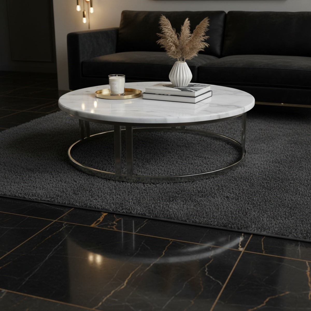 Silver White Marble Round Coffee Table