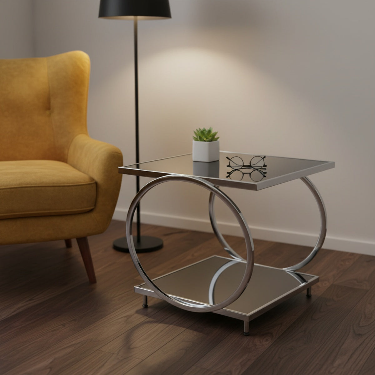 Square Black Glass Ring Side Table