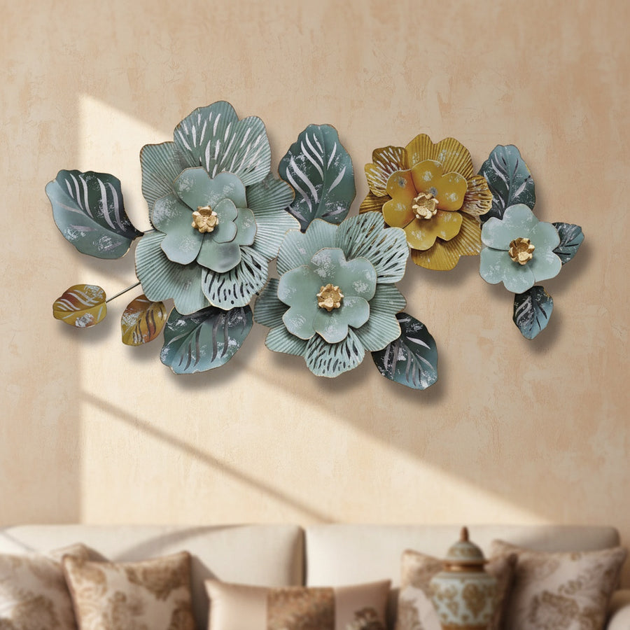 Teal Gold Floral Metal Wall Art