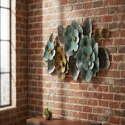 Teal Gold Floral Metal Wall Art