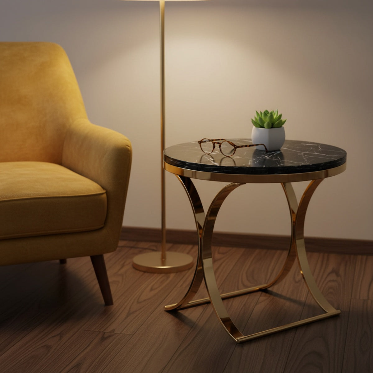 Twisted Gold Black Marble End Table