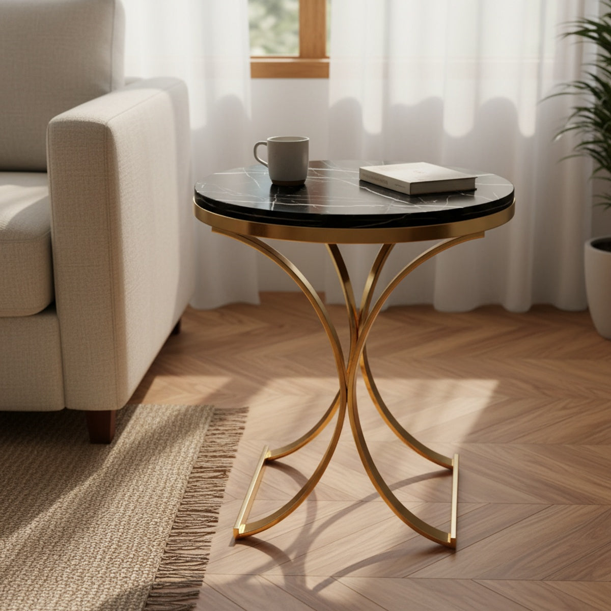 Twisted Gold Black Marble End Table