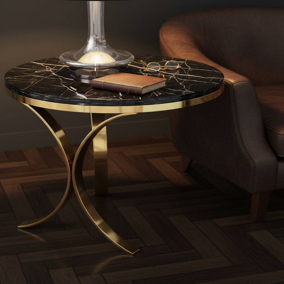 Twisted Gold Black Marble End Table