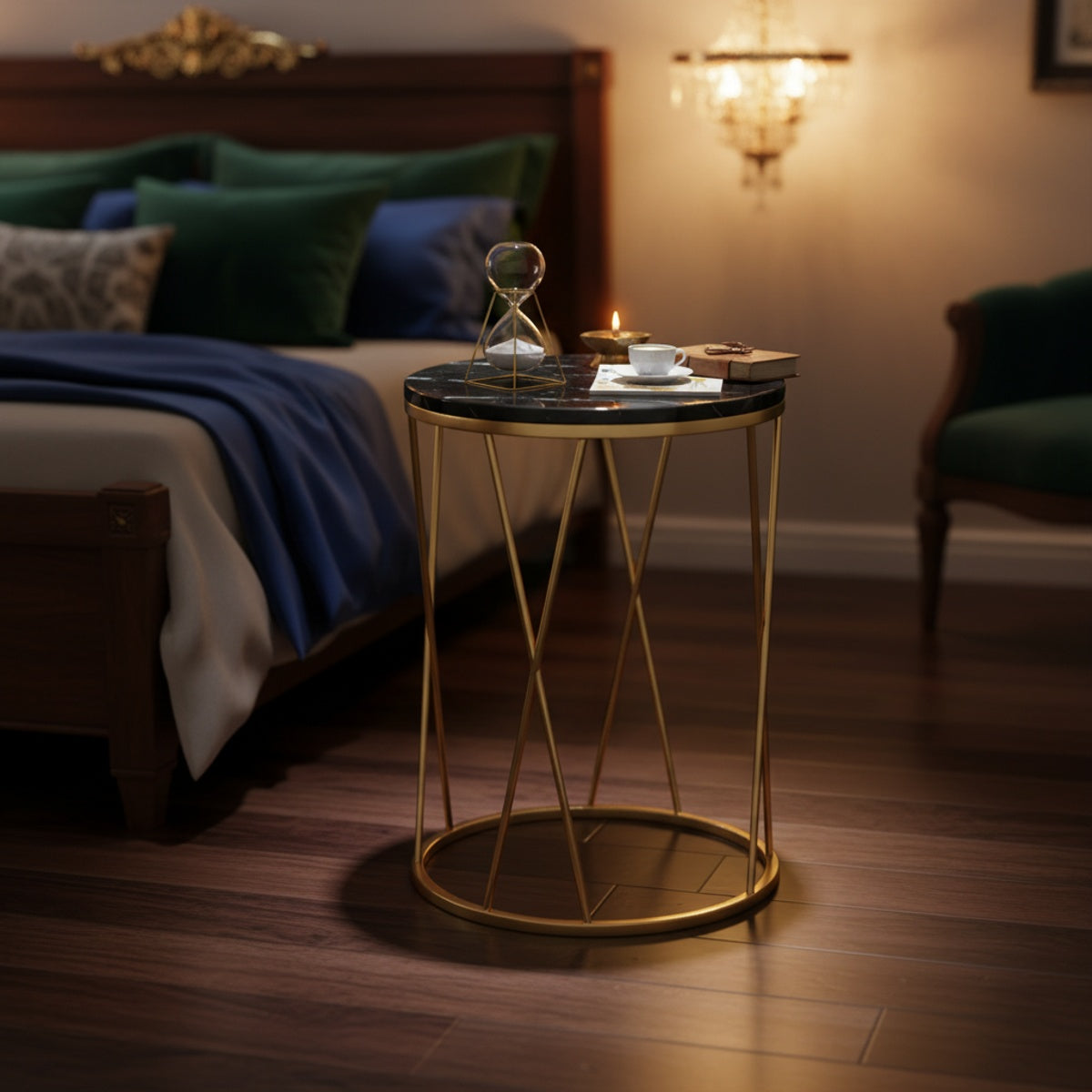 Twisted Gold Black Marble End Table