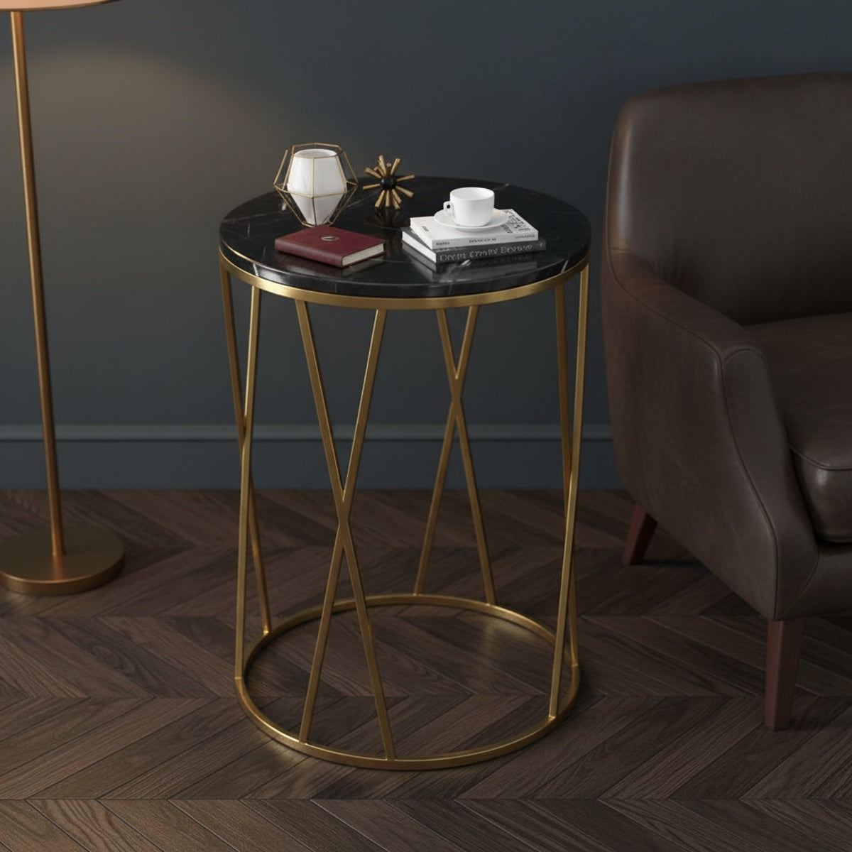 Twisted Gold Black Marble End Table