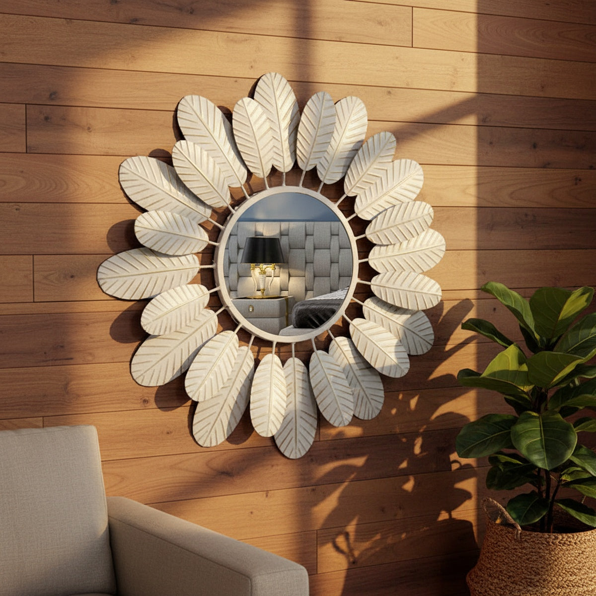 White Feather Metal Wall Mirror