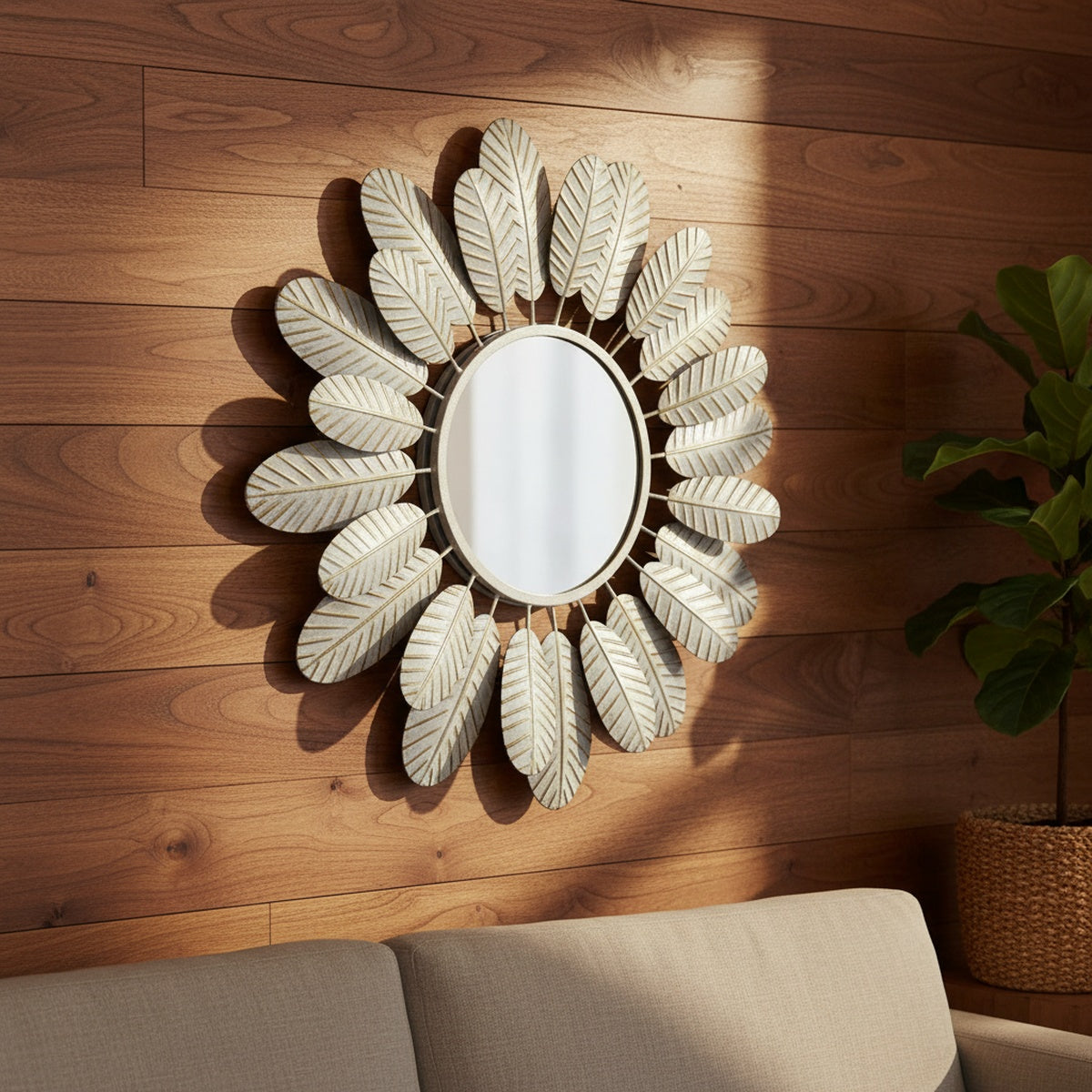White Feather Metal Wall Mirror