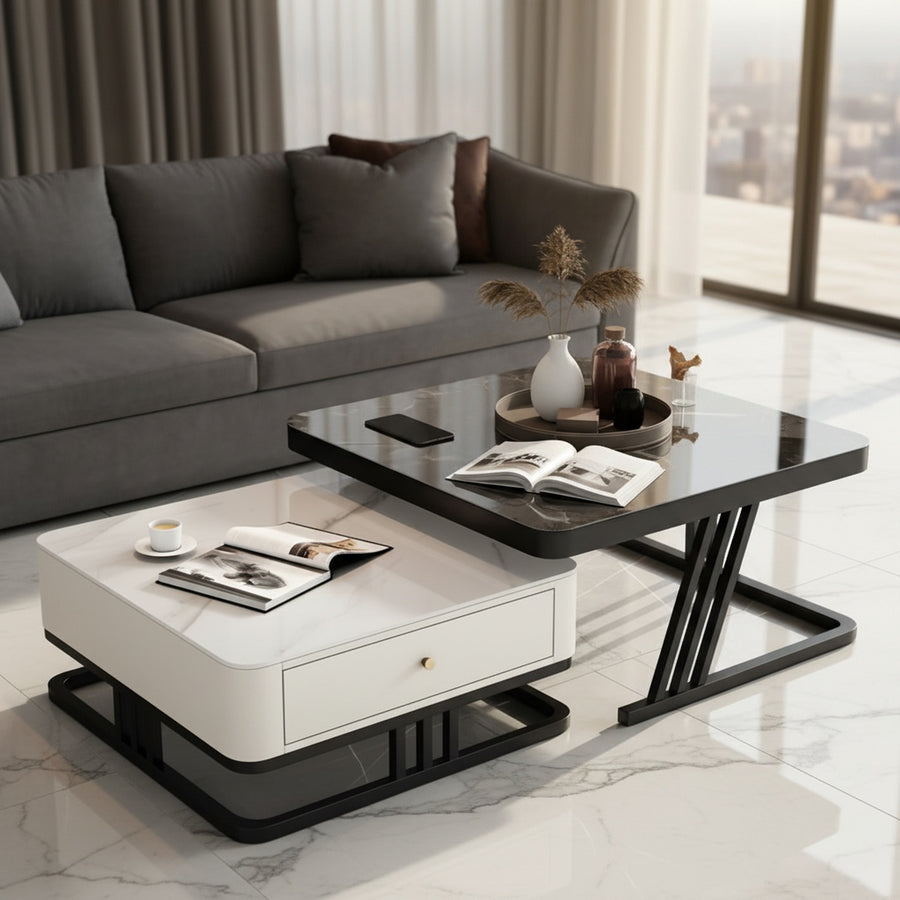 White and Black Marble Coffee Table Set of 2