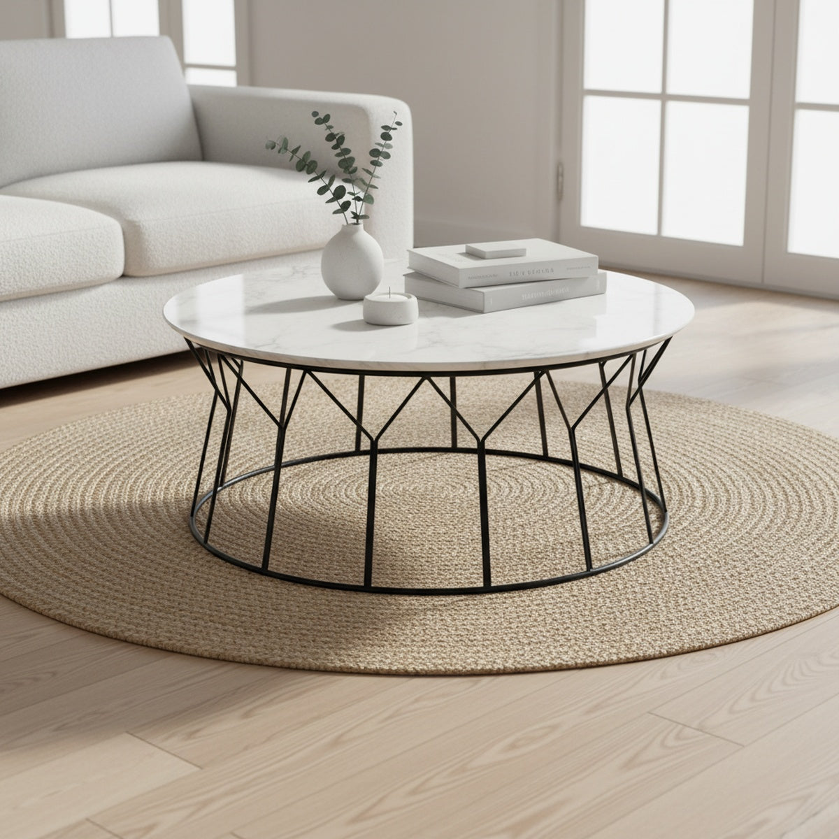 White Marble Geometric Coffee Table | Black Frame