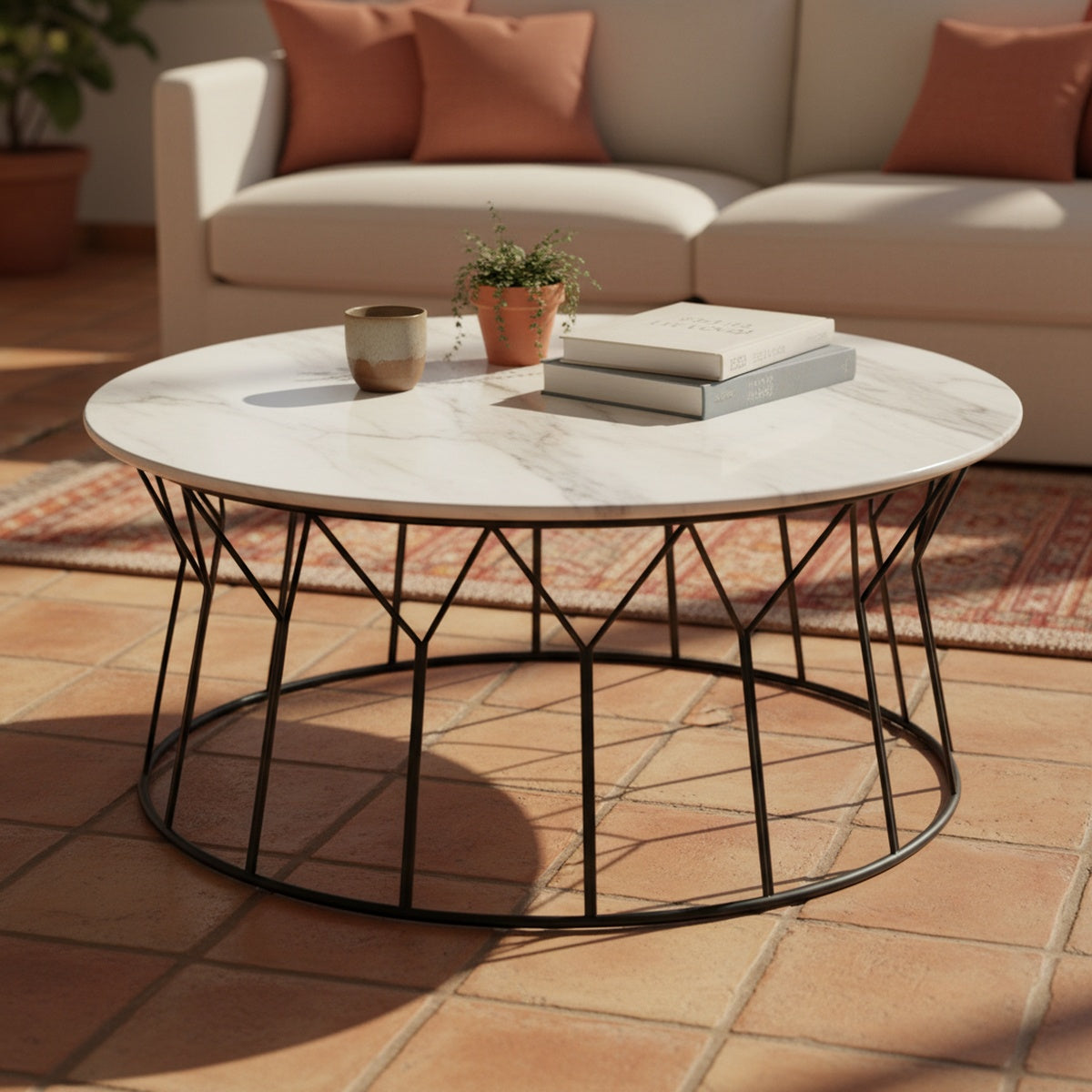 White Marble Geometric Coffee Table | Black Frame