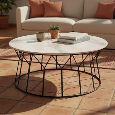 White Marble Geometric Coffee Table | Black Frame