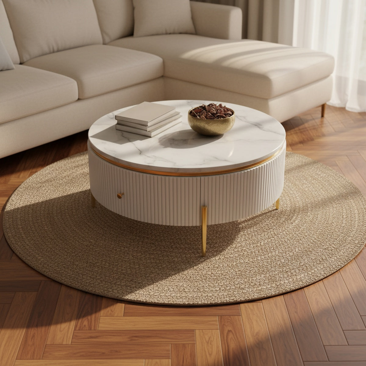 White Marble Round Coffee Table with Storage Drawer