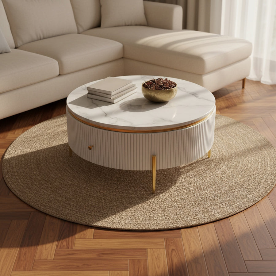 White Marble Round Coffee Table with Storage Drawer