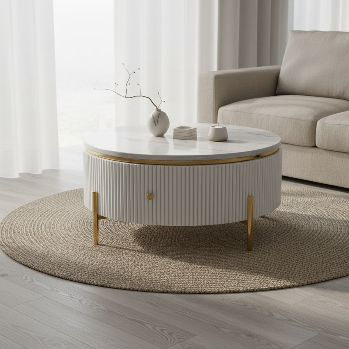White Marble Round Coffee Table with Storage Drawer