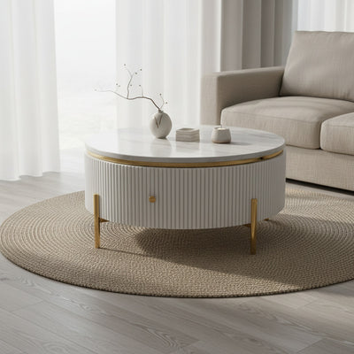 White Marble Round Coffee Table with Storage Drawer