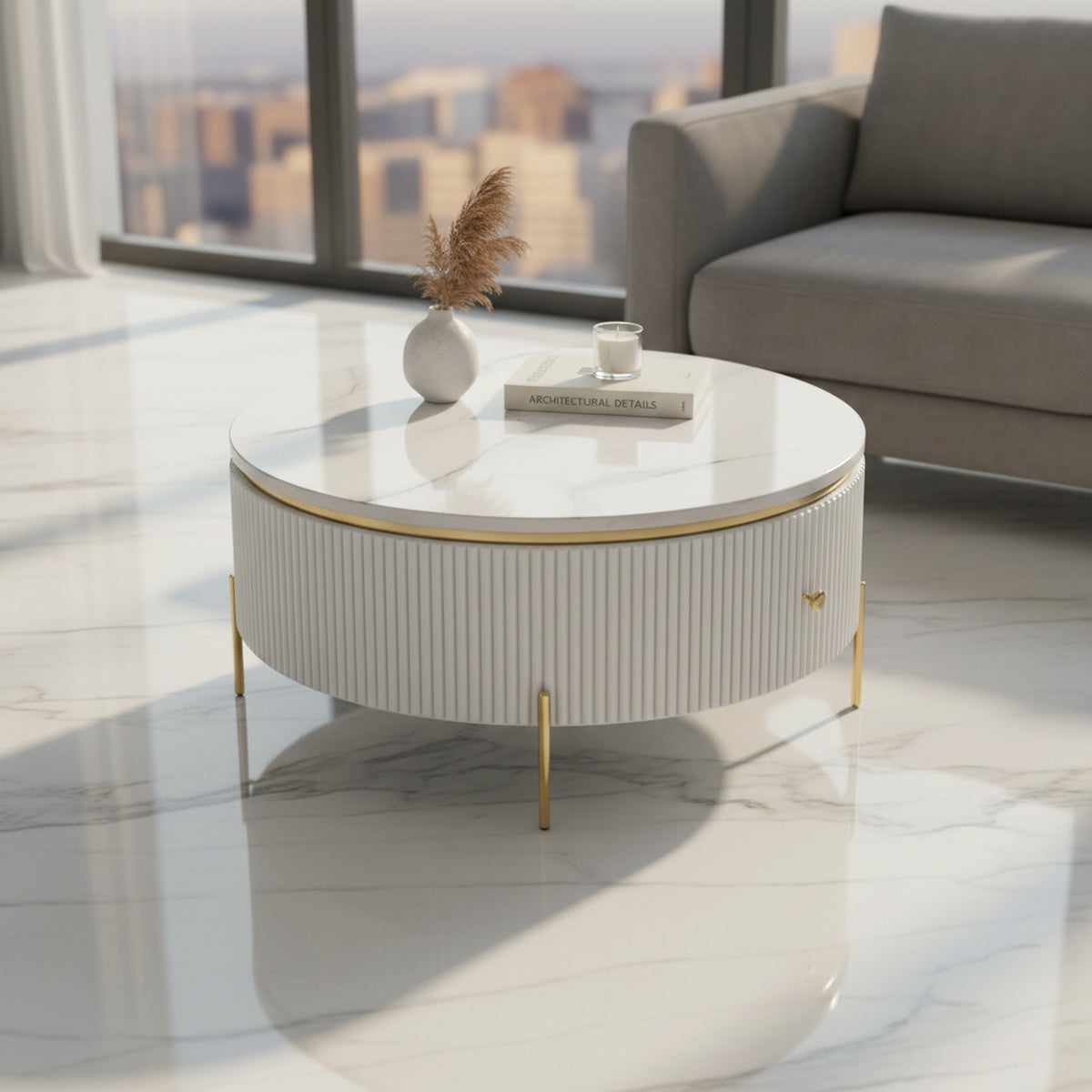 White Marble Round Coffee Table with Storage Drawer