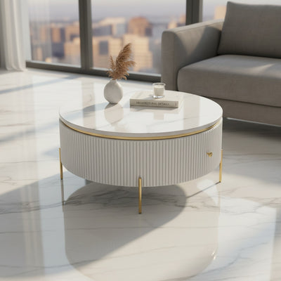 White Marble Round Coffee Table with Storage Drawer