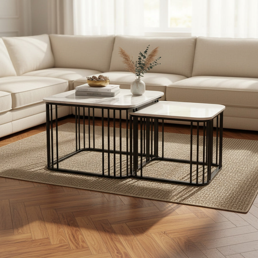 White Marble Square Nesting Table Set of 2